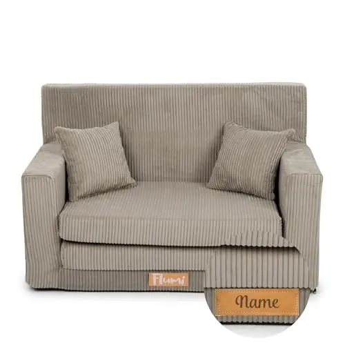 Produktbild: Flumi Personalisierte Kindercouch Kinder Sessel Sofa Schlafsofa jugendzimmer mit Gravur KINDERNAME Spielsofa für Kinderzimmer Schlafsessel Bettfunktion Kindermöbel 92x40x60 (Beige Kord)