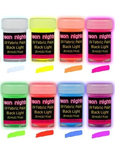 Produktbild: Fluoreszierende Stoffmalfarbe | 8 Schwarzlicht Textilfarben | Neon Leuchtfarbe im Set für knalligen Leuchteffekt | 8 x 20 ml UV Farben | Ideal zum T-Shirt bemalen