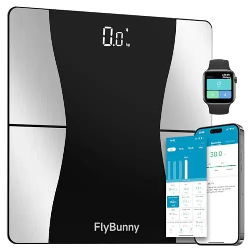 Produktbild: Flybunny Körperfettwaage, Personenwaage, Waage Personen digital, Körperwaage mit für Körperfett, BMI, Gewicht, Pulsschlag, Muskelmasse, Wasser, Protein, Skelettmuskel, Knochengewicht, BMR, usw