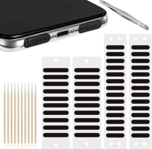 Produktbild: Flycppo Handy Staubschutz Kit 51 Stück Schwarz Staubdichter Netz-Aufkleber mit Reinigungsstäbchen Pinzette für Universal Lautsprecher Mesh Anti-Staub-Aufkleber