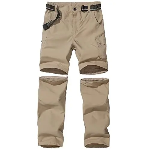 Produktbild: FLYGAGA Kinder Outdoorhose Wanderhose Zip Off Hose abnehmbare hosebeine Shorts Trekkinghose Unisex Jugend Mädchen Sommer mit Gürtel Schnelltrocknend Atmungsaktiv,Khaki,L