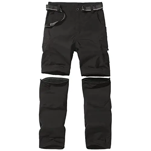 Produktbild: FLYGAGA Kinder Outdoorhose Wanderhose Zip Off Hose abnehmbare hosebeine Shorts Trekkinghose Unisex Jugend Mädchen Sommer mit Gürtel Schnelltrocknend Atmungsaktiv,Schwarz,XL