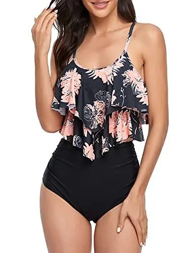 Produktbild: FLYILY Tankini High Waist Damen Zweiteiliger Bikini Set Badeanzug Rüschen Bedruckt Bademode mit Hoher Taille Bikinihose Tankini Oberteil Strandkleidung(1-BlackFlower,M)