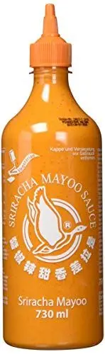 Produktbild: FLYING GOOSE Sriracha Mayoo Sauce, pikante Mayonnaise, leicht scharf, orange Kappe, Würzsauce aus Thailand, vegetarisch, 2 x 730 ml