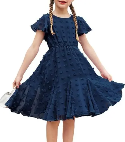 Produktbild: Flypigs Kleid Mädchen Elegent Niedlich Elegant Prinzessin Knielang Chiffon Dresses Sommerkleid Freizeitkleid Kinder Dunkelblau 150
