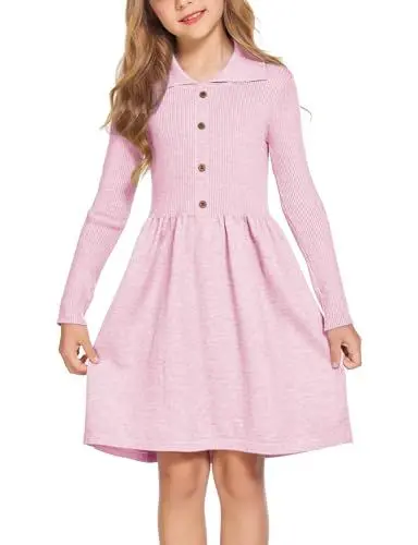 Produktbild: Flypigs Mädchen Strickkleid Langarm Kleid Winter Kleid Einfarbig Skaterkleid Festlich Elegant Freizeitkleid, Rosa, 9-10 Jahre, 140