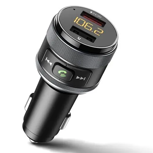 Produktbild: FM Transmitter Auto Bluetooth 5.3 – UKW Sender mit PD 30W & QC3.0 18W Schnellladung, Freisprechanlage mit Noise Cancelling Mikrofon, LED Ringlicht, Zigarettenanzünder Adapter für KFZ