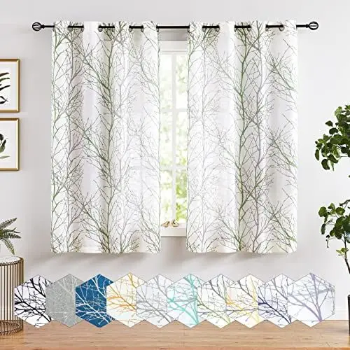 Produktbild: FMFUNCTEX Grün Grau Voile Vorhänge Transparente Leinen Gardinen mit Ösen für Wohnzimmer Zweige Muster Halbtransparente Modern Ösenschal Dekoschal für Schlafzimmer 2er Set, 175 x 127 cm (H x B)