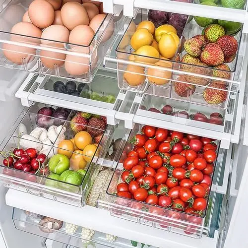 Produktbild: FMH PREMIUM Kühlschrank Organizer Schublade (1x) - Organizer zum Aufhängen und Herausziehen, herausnehmbare Trenner (8-fach), 29-48cm Tiefe - Perfekter Kitchen Küchen Organizer, Ordnungssystem