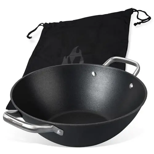 Produktbild: FMProfessional Force Wok aus Gusseisen 32 cm – Wokpfanne mit hochwertiger Antihaftbeschichtung – Geeignet für alle Herdarten (auch Induktion) – ca. 33 x 42,8 x 12 cm