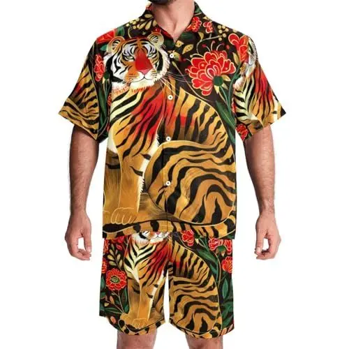 Produktbild: FNETJXF Hawaii-Hemd für Herren, 2-teiliges Set für Herren, Urlaubs-Outfits, ethnische abstrakte afrikanische Frauen, Kreuzfahrt-Outfits für Männer, Muster 1880, L