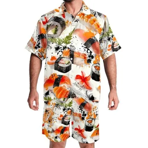 Produktbild: FNETJXF Hawaii-Sets für Herren, kurzes Set, 2-teiliges Outfit, Urlaubs-Outfits für Männer, Lebensmittel-Sushi, kurze Sets für Herren, Muster 2025, M