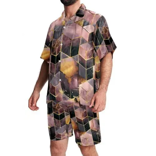 Produktbild: FNETJXF Hawaii-Short-Set für Herren, 2-teiliges kurzes Set, Urlaubs-Outfits für Männer, Würfelmuster, Rosa, Grau, Gold, Kreuzfahrt-Outfits für Männer, Muster 17, L