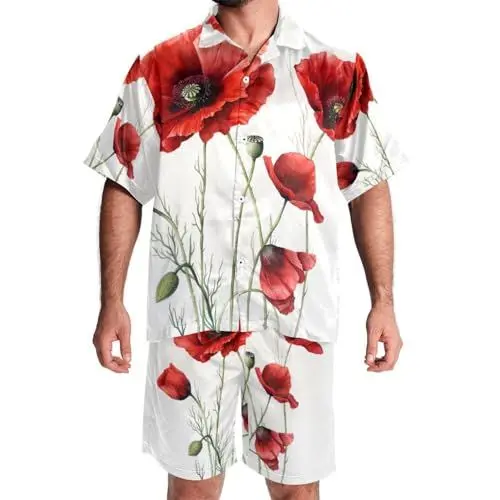 Produktbild: FNETJXF Herren Hawaii-Kurz-Set, 2-teiliges Set für Männer, Urlaubs-Outfits, Corgi-Hunde-Cartoon-Tiere, Kreuzfahrt-Outfits für Männer, Muster 1732, L