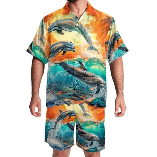 Produktbild: FNETJXF Herren Hawaii-Short-Set, 2-teiliges Herren-Shirt-Set, Urlaubs-Outfits für Männer, Ozean-Delfin-Sonnenaufgang, Kreuzfahrt-Outfits für Männer, Muster 3078, L