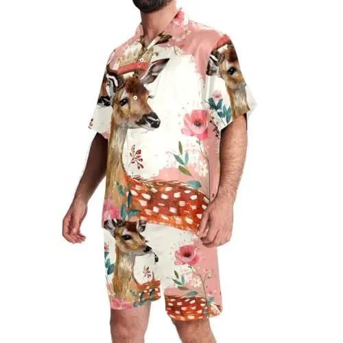 Produktbild: FNETJXF Herren Hawaii-Short-Set, 2-teiliges Set für Männer, Urlaubs-Outfits, Liebes-Tiere, Hirsch und Vogel, Kreuzfahrt-Outfits für Männer, Muster 769, S