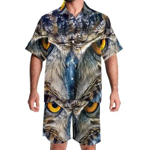 Produktbild: FNETJXF Herren Hawaii-Short-Set, 2-teiliges Set für Männer, Urlaubs-Outfits für Männer, Eulentiere, Herren-Sommer-Outfits, Muster 3189, M