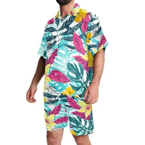Produktbild: FNETJXF Herren Hawaii-Short-Set, 2-teiliges Set für Männer, Urlaubs-Outfits für Männer, moderne Cartoon-Tropische Bougainvillea, Kreuzfahrt-Outfits für Männer, Muster 1022, S