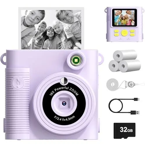 Produktbild: FNITAER Kinderkamera, 2,4 Zoll Sofortbildkamera, 1080P HD Kamera fotokamera mit 32 GB Karte und 3 Rollen Druckfotopapier, Kamera Kinder für 3–12 Jahre alte Jungen und Mädchen