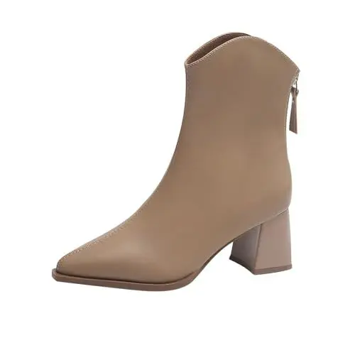 Produktbild: FNKDOR Cowboystiefel Damen Westernstiefel Elegant Lederstiefel Kurzschaft Spitze Form Cowboy Boots Damen Cowgirl Stiefel mit Reißverschluss Hinten (Khaki, 39)