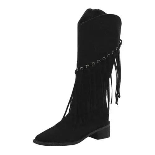 Produktbild: FNKDOR Cowboystiefel Damen Westernstiefel Langschaft Fransen Wildlederstiefel Spitze Form Cowboy Boots Damen Cowgirl Stiefel mit Seitenreißverschluss (Black, 38)
