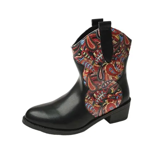 Produktbild: FNKDOR Cowboystiefel Damen Westernstiefel Weitschaftstiefel Kurzschaft Trendy Muster Lederstiefel Runde Form Cowboy Boots Damen Cowgirl Stiefel (Red, 39)