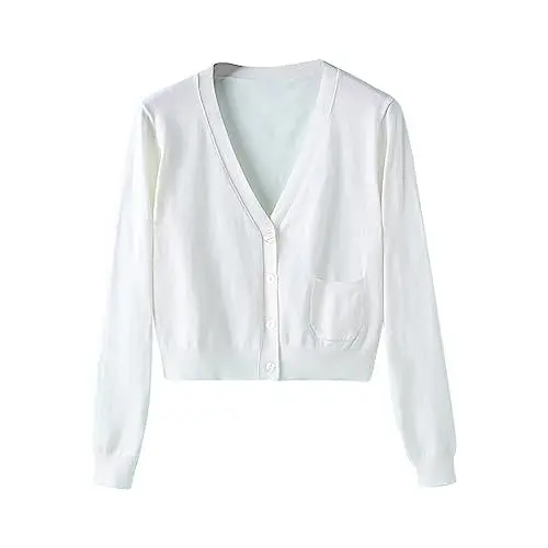 Produktbild: FNKDOR Cropped Trachten Strickjacke Damen V-Ausschnitt Knöpfe Taschen Elegant Stricke Trachtenjacke Bolerojacke (White, XXL)