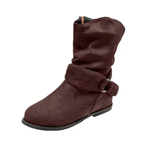 Produktbild: FNKDOR Damen Cowboystiefel Westernstiefel Weiter Schaft Kurzschaft Wildleder Gürtelschnalle Seitenreißverschluss Stiefeletten Cowgirl Stiefel für Frauen (Coffee, 37)