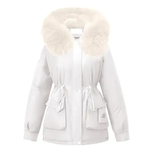 Produktbild: FNKDOR Damen Winterjacke Kurz Warm Fleece Gefüttert Parkajacke Winterparka mit Kunstpelz Kapuze (White, XL)