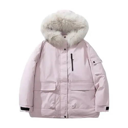 Produktbild: FNKDOR Damen Winterjacke Kurz Warm Puffer Jacke Daunenjacke mit Stepp Gefüttert und Kunstpelz Kapuze (Pink, XL)