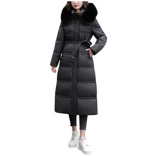 Produktbild: FNKDOR Damen Winterjacke Lange Warm Elegant Wintermantel Steppjacke Daunenjacke Puffer Jacke Stehkragen Steppmantel mit Kunstpelz Kapuze und Gürtel (Black, XXL)