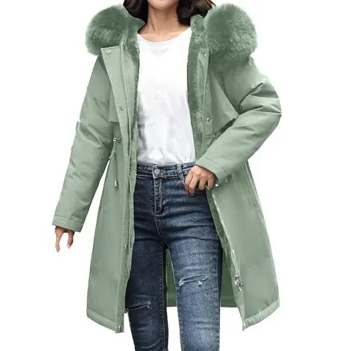 Produktbild: FNKDOR Damen Winterjacke Lange Warm Fleece Gefüttert Parkajacke Winterparka Parkamantel mit Kunstpelz Kapuze (Green, L)