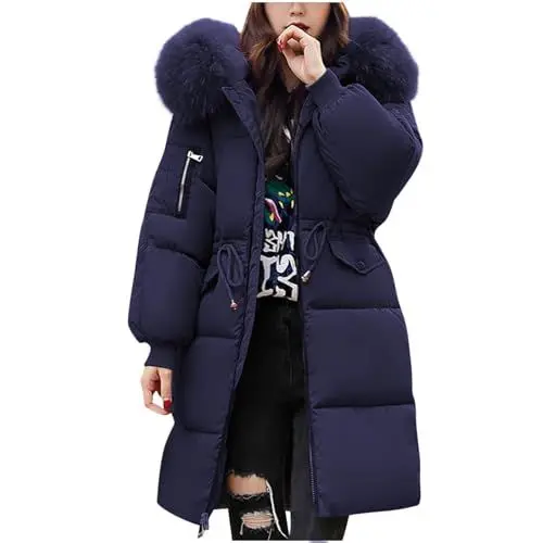 Produktbild: FNKDOR Damen Winterjacke Lange Warm Steppjacke Daunenjacke Puffer Jacke Elegant Grosse Grössen Wintermantel Steppmantel mit Kunstpelz Kapuze (Navy, M)
