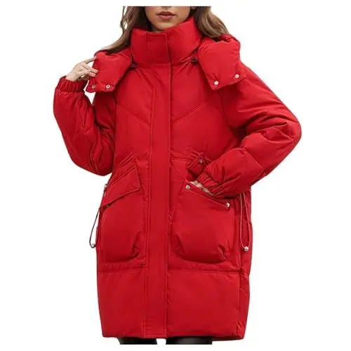 Produktbild: FNKDOR Damen Winterjacke Mittellang Warm Steppjacke Daunenjacke Puffer Jacke Stehkragen Wintermantel Steppmantel mit Schalkapuze (Red, L)