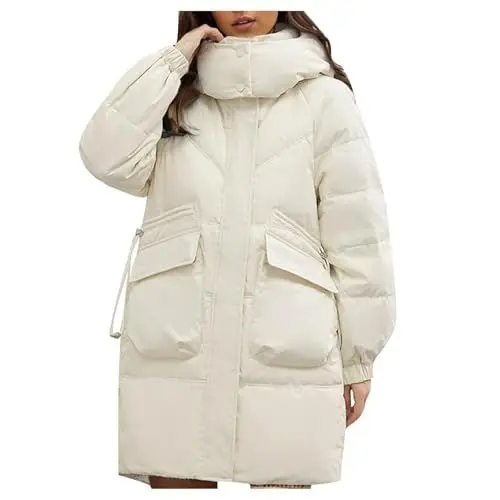 Produktbild: FNKDOR Damen Winterjacke Mittellang Warm Steppjacke Daunenjacke Puffer Jacke Stehkragen Wintermantel Steppmantel mit Schalkapuze (White, XXL)