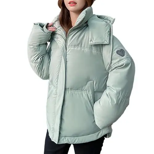 Produktbild: FNKDOR Damen Winterjacke kurz Warm Steppjacke Daunenjacke Puffer Jacke mit Abnehmbare Kapuze (Mint Green, XL)