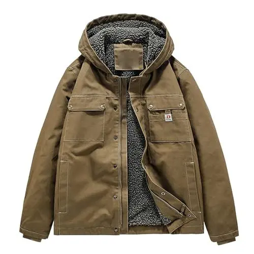 Produktbild: FNKDOR Herren Warm Teddy Gefüttert Cargo Winterjacke Doppelte Taschen Baumwolle Jacke mit Kapuze (Brown, XL)