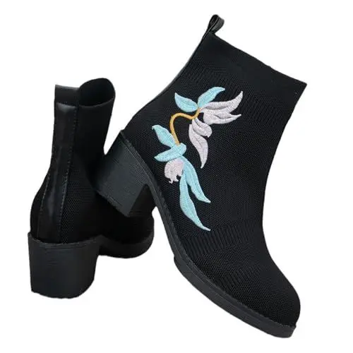 Produktbild: FNKDOR Stiefeletten Damen mit Blockabsatz Mesh Atmungsaktiv Blumenstickerei Schlupfstiefel Ankle Boots Booties Kurzstiefel (Black, 42)