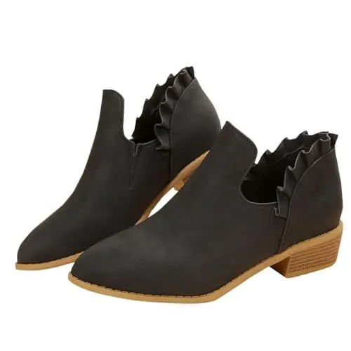 Produktbild: FNKDOR Stiefeletten Damen mit Blockabsatz Trendy Side Cut Rüschen Spitze Form Wildlederstiefel Ankle Boots Booties Kurzstiefel (Black, 43)