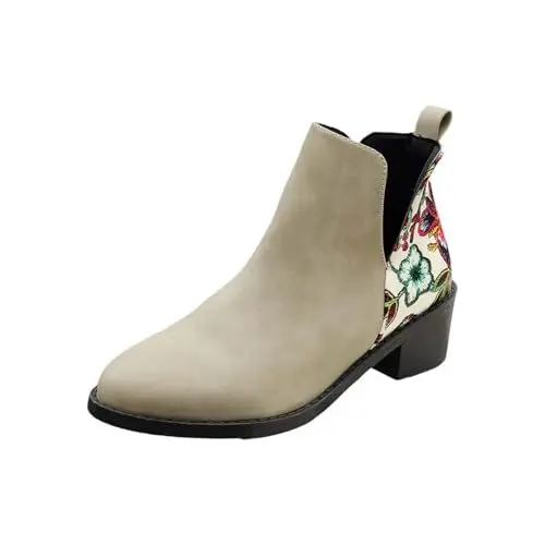 Produktbild: FNKDOR Stiefeletten Damen mit Blockabsatz und Seitlicher Reißverschluss Trendy Blumenmuster Side Cut Lederstiefel Ankle Boots Booties Kurzstiefel (Beige, 43)