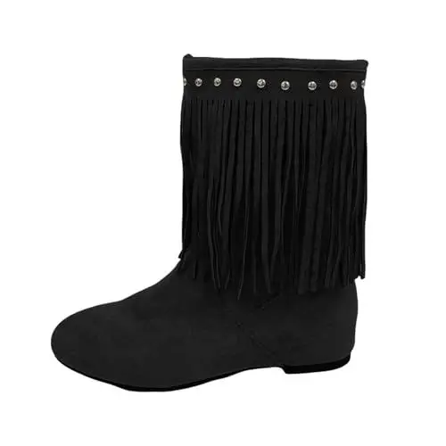 Produktbild: FNKDOR Stiefeletten für Damen Weiter Schaft Flach Wildleder Fransen Nieten Kurzstiefel Herbststiefel (Black, 37)