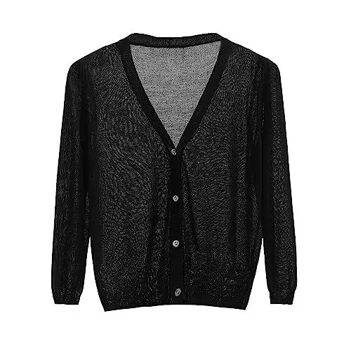 Produktbild: FNKDOR Strickjacke Damen Kurz Sommer Herbst V-Ausschnitt Langarm Cardigan Damen Kurz Einfarbig Strickcardigan mit Knöpfen (Black, XXXL)