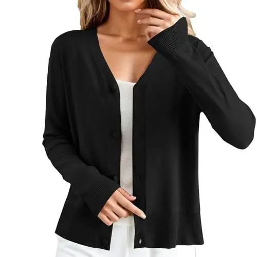 Produktbild: FNKDOR Strickjacke Damen Kurz V-Ausschnitt Langarm Einfarbig Cardigan Damen Sommer Herbst Strickcardigan mit Knöpfen (Black, XL)