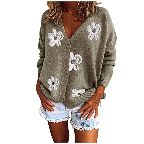 Produktbild: FNKDOR Strickjacke Damen Kurz mit Knöpfen V-Ausschnitt Langarm Geblümt Jacquard Cardigan Damen Sommer Herbst Strickcardigan (Grey, M)