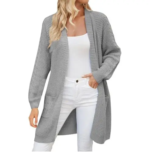 Produktbild: FNKDOR Strickjacke Damen Lange Grobstrick Cardigan mit aufgesetzten Taschen, Strickjacke ohne Verschluss, Strickmantel (Grey, L)