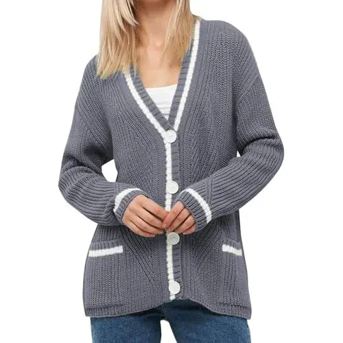 Produktbild: FNKDOR Trachten Strickjacke Damen Lange Elegant V-Ausschnitt Cardigan Strickmantel mit Taschen und Knöpfen (Grey, L)