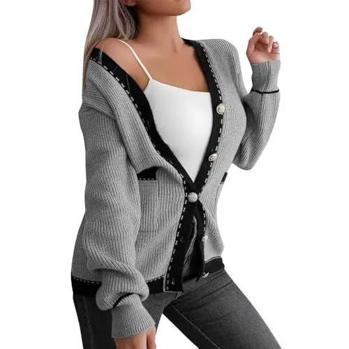 Produktbild: FNKDOR Trachten Strickjacke Damen Lange Elegant V-Ausschnitt Cardigan Strickmantel mit Taschen und Knopfleiste (Grey, L)