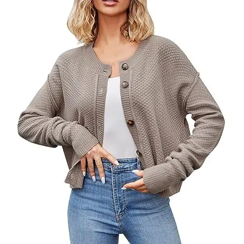 Produktbild: FNKDOR Trachten Strickjacke Damen Rundhalsausschnitt Knöpfe Elegant Kurz Stricke Trachtenjacke (Coffee, L)