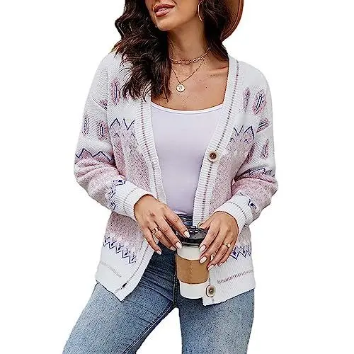 Produktbild: FNKDOR Trachten Strickjacke Damen V-Ausschnitt Knöpfe Elegant Ethnischer Stricke Trachtenjacke (Pink, S)