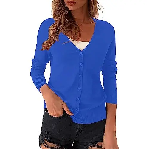 Produktbild: FNKDOR Strickjacke Damen mit Knöpfen Kurz Sommer Herbst V-Ausschnitt Langarm Cardigan Damen Kurz Einfarbig Strickcardigan (Blue, XXL)